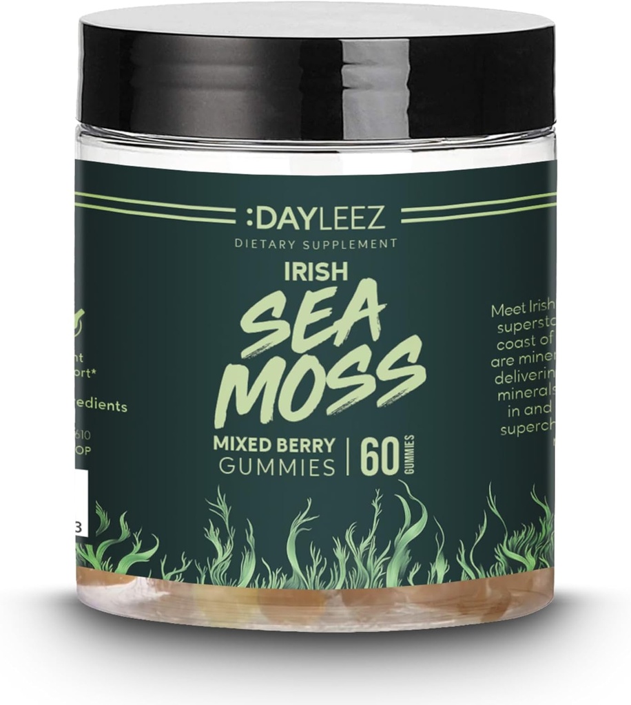 Irish Sea Moss Gummies - Natural Immune Support & Digestive Health - Vegansk, ikke-GMO, Glutenfri - 60 Count - Premium Sea Moss Supplement for energi og velvære