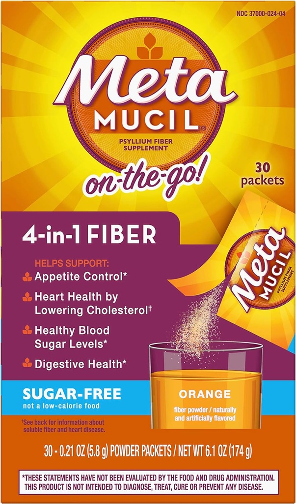 Metamucil Fiber 4-i-1 Psyllium Fiber Supplement Sukkerfri pulver Single-Serve Packets Orange Flavored Drink 2 bokser med 30 pakker (old)
