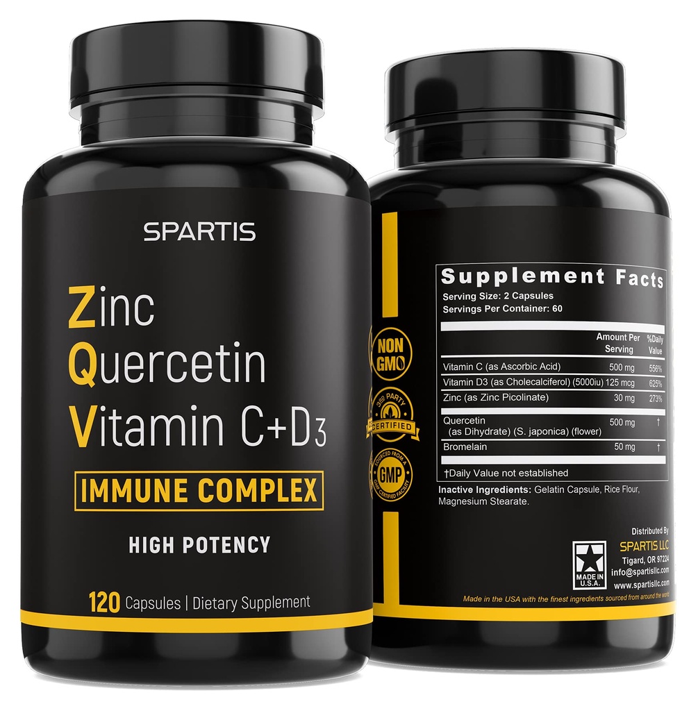 Zink Quercetin 500mg med vitamin C-vitamin D3 Bromelain-immune støtte Høy potens Quercetin Sink Supplement ZQV ved SPARTIS (pakke med 1 flaske ved 120-kapsler)