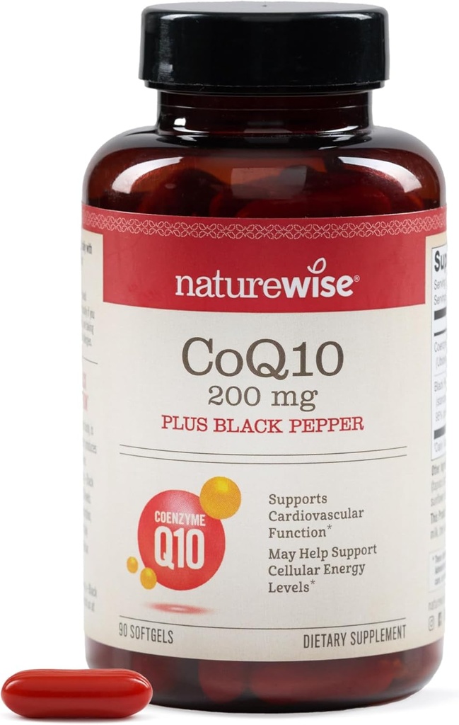 NatureWise CoQ10 200mg + Svart Pepper Softgels - høy absorpsjon Coenzym Q10 + Svart Pepper - Antioksidant for hjertehelse + Cellular Energy - Vegan, ikke-GMO, Glutenfri - 90 greve[90-dagers forsyning]