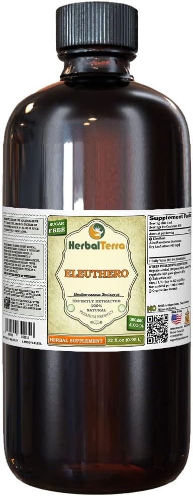 Eleuthero (Eleutherococcus Senticosus) Tinktur, tørkede blader flytende ekstrakt (Brand Navn: HerbalTerra, stolt laget i USA) 32 fl.oz (0,95 l)