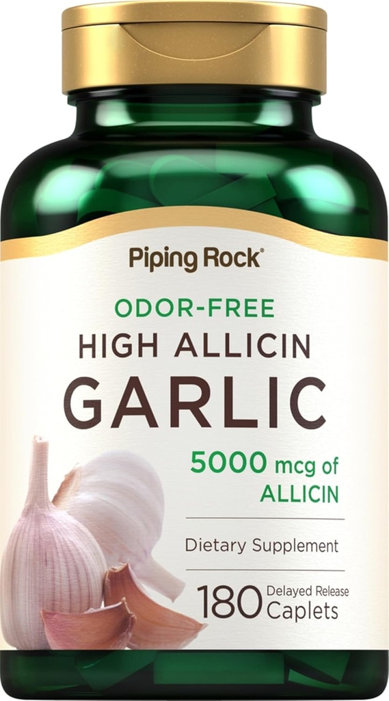Piping Rock Odorless hvitløk piller med høy allicin | 180 caplets | Odor Gratis | Vegetarisk, ikke-GMO, Glutenfri