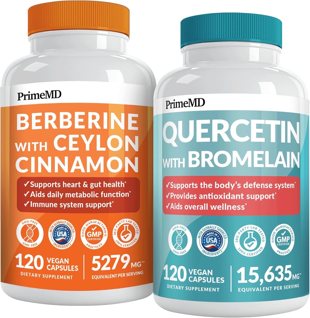 21-i-1 Berberine Supplement med ceylon kanelkrom, bittermelon og grønn teekstrakt (120 ct) og 28-i-1 Quercetin med Bromelain Supplement for immunforsvarsstøtte (120 ct)