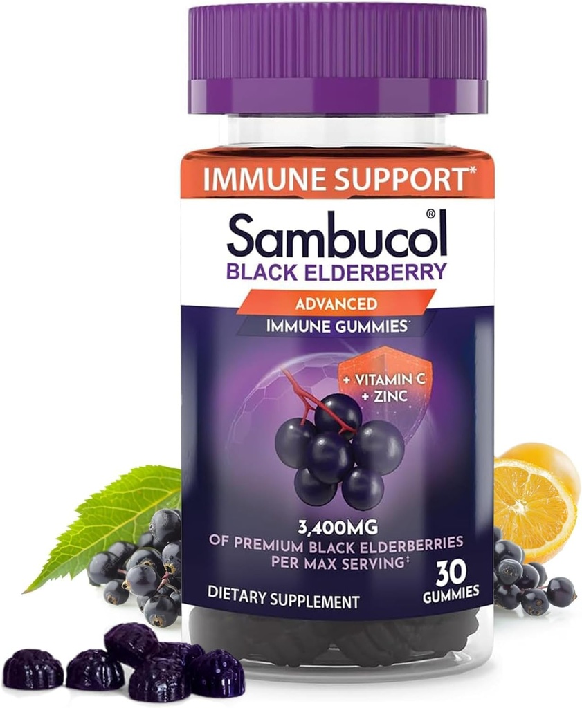 Sambucol Black Elderberry Gummies - Elderbær med sink og vitamin C for voksne, Sambucus Gummies, Immune Support - 30 greve