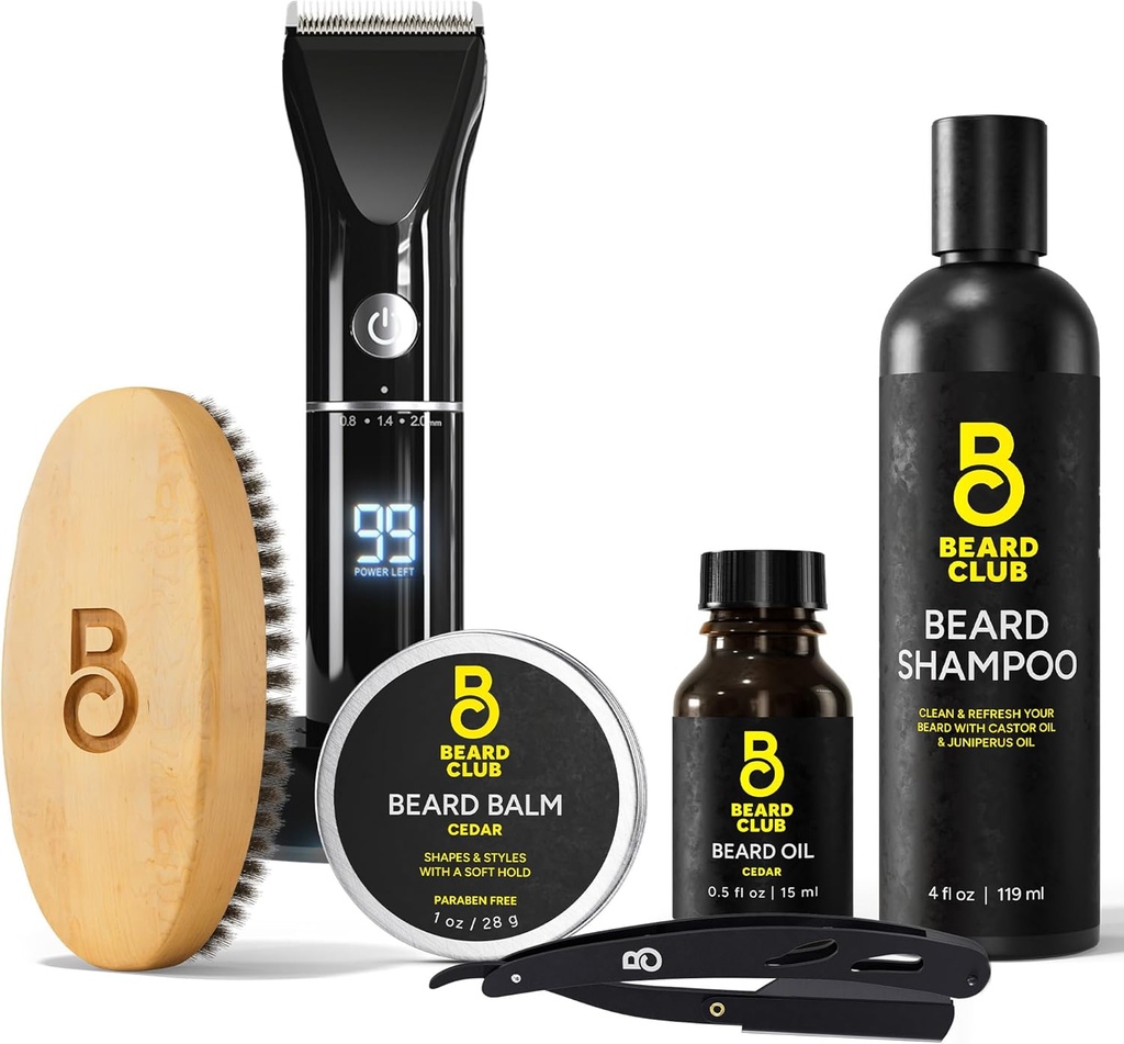 The Beard Club Grooming Bundle: Trimmer for menn og omsorg Kit - Inkluderer trådløs elektrisk trimmer, Straight Edge Razor, Shampoo, Cedar Balm & Olje, Børste - 8 Guider, 45 Lengder