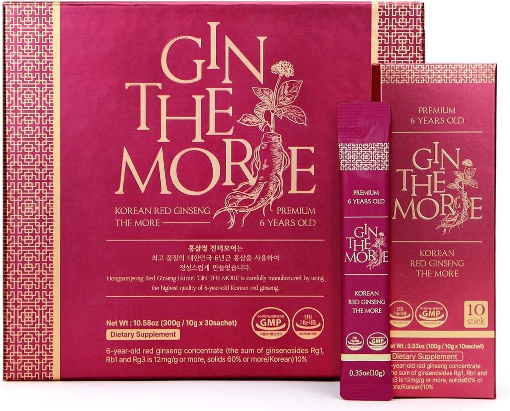[Gin The More] Korean Red Ginseng – 30 Sachets Korean Ginseng Extract – Premium Ginseng Extract 6 år uten preservativer, Fillers – Pleasant smak – Nutrient pakket immunitet Shot