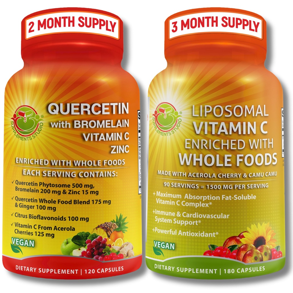 Quercetin med Bromelain, Vitamin C & Zinc & Liposomal Vitamin C 1500mg – Immunstøtte Bundle med organisk Acerola Cherry, Camu Camu & Hele Mat Antioksidanter – Vegansk, Ikke-GMO, Ren etikett