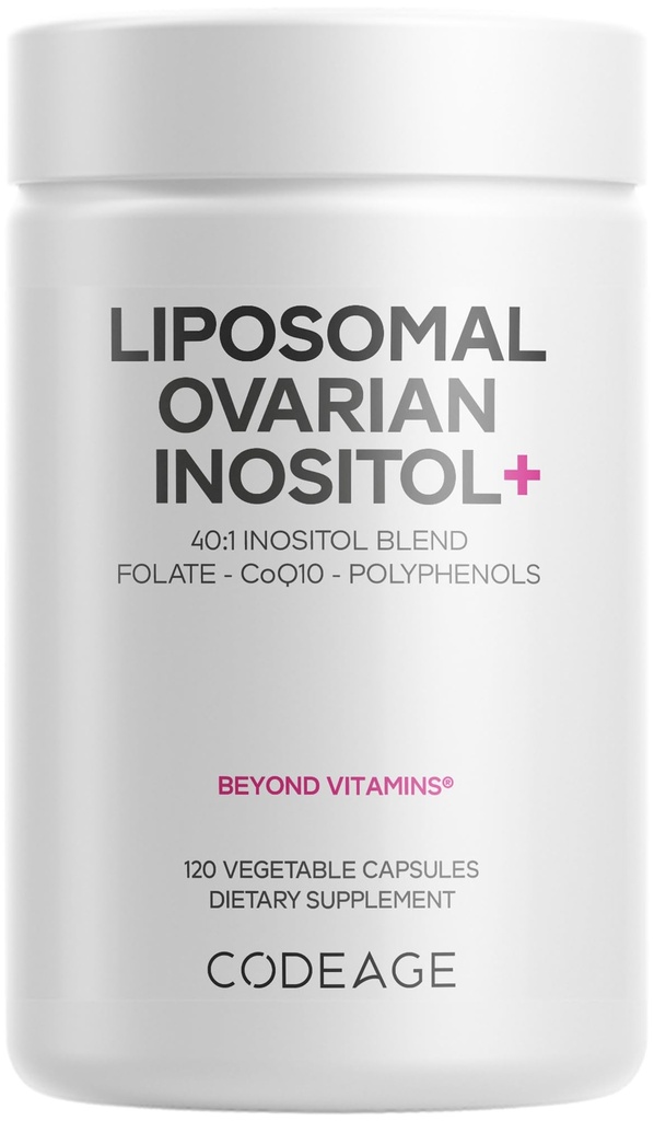 Kodeasje Liposomal Ovarian Inositol + Supplement - Myo-Inositol & D-Chiro-Inositol 40:1 Blanding, Folat 5-MTHF, CoQ10, Pomegranat & Wild Blueberry, Liposomal Levering, Ikke-GMO, Glutenfri - 120 Kapsler