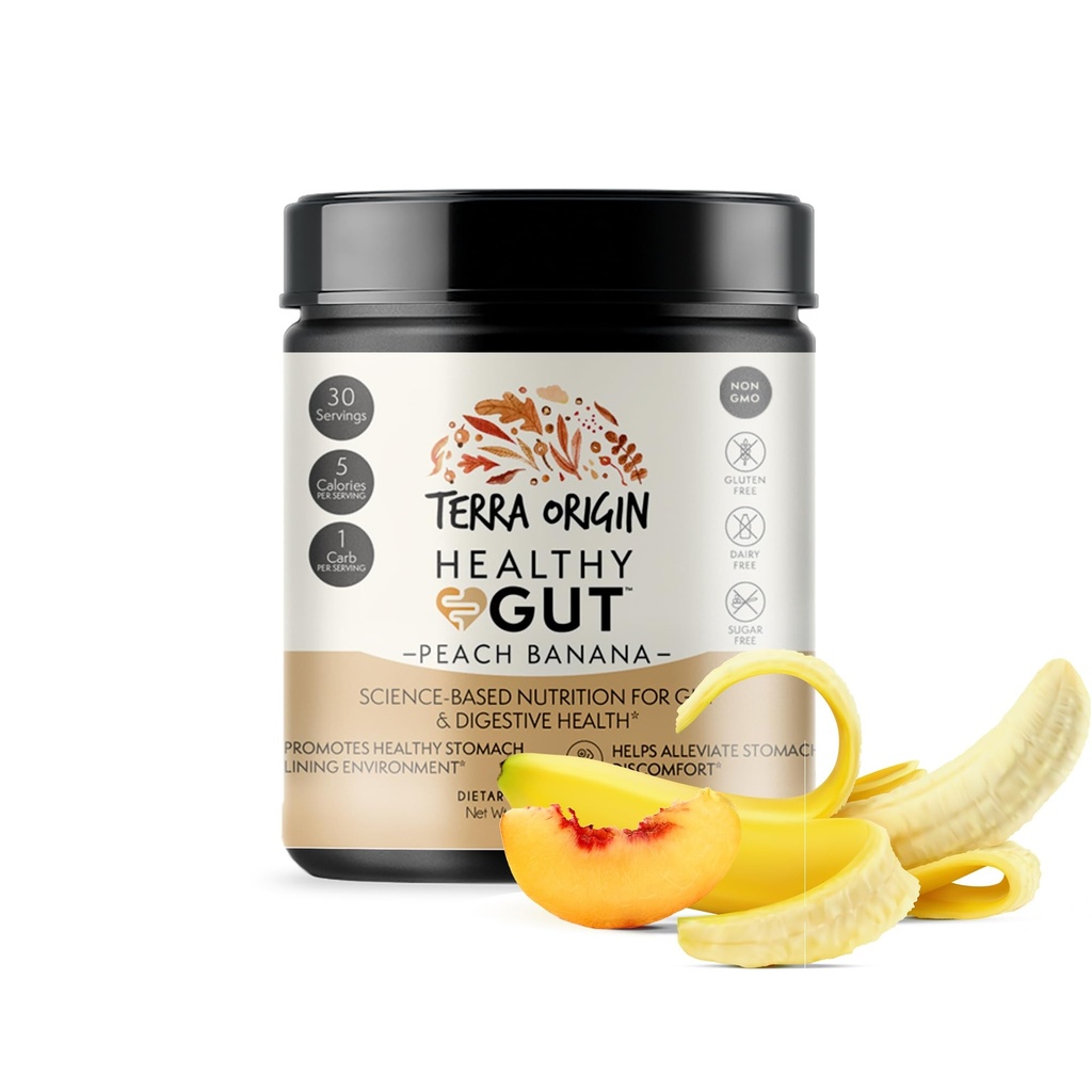 TERRA SOCIAL Sunn Gut Peach Banan ® 30-Servings med L-Glutamine, Zinc, Glukosamine, Slippery Elm Bark, Marshmallow Root og mer!