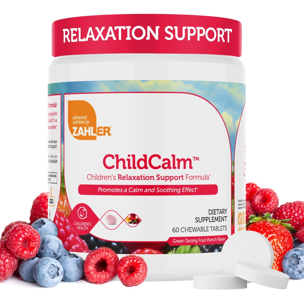 Zahler ChildCalm, Kosher Fruit Punch Chewable Magnesium for barn - Naturlig ro, Mood Support og avslapping - beroligende barn Magnesium Supplement Barn Magnesium, 60 tabletter