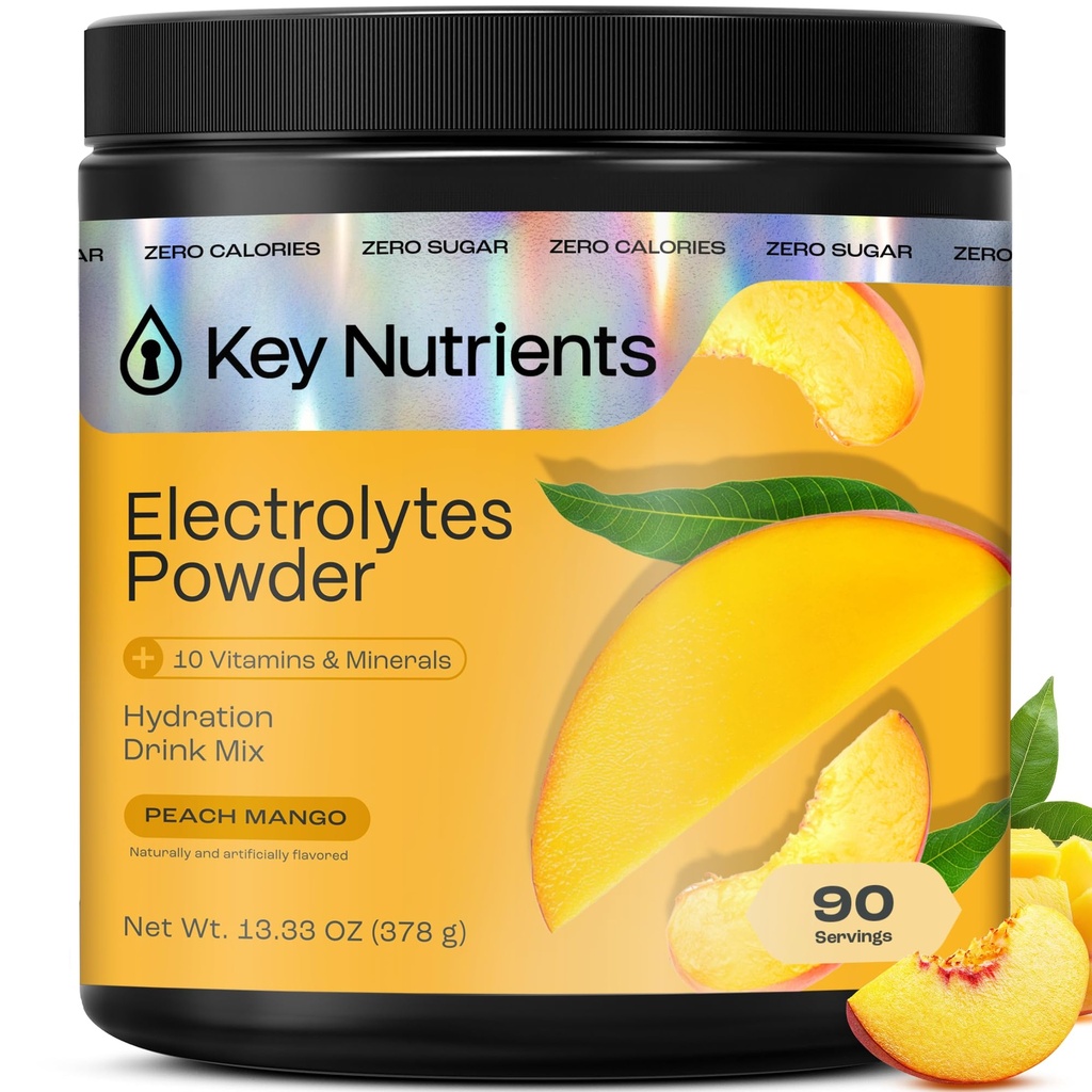KEY NUTRIENTS Multivitamin Electrolytes pulver Ingen sukker - Tropisk fersken Mango Electrolyte pulver - Endurance og energi Supplement - Hydration pulver - Ingen kalorier - 90 Serveringer - laget i USA