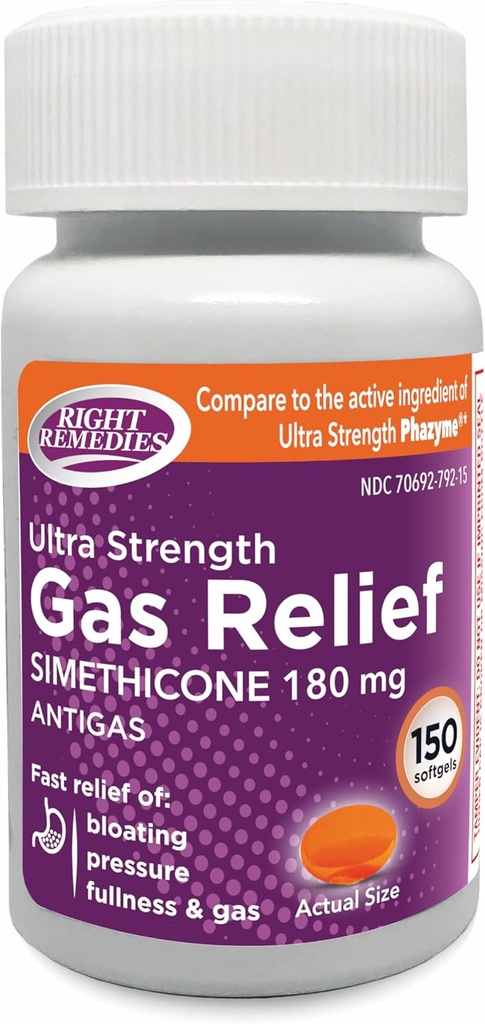 Gass Relief Ultra Styrke, 180mg Simetikon (150 Softgels) Rask lindring fra gass, Bloating, Fullhet, Smertefull Diskomfort, Sammenlign med Ultra Styrke Phazyme Aktiv Ingredient