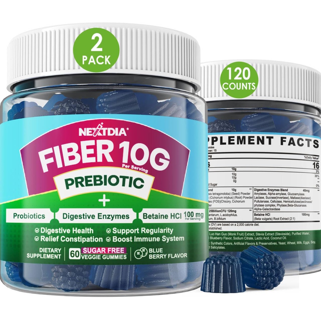 Fiber Gummier for voksne, Sugar Gratis 10g Prebiotiske Fiber Supplement med Digestive Enzymer, Probiotika og 100 mg Betain for Digestive & Gut Helse og Regulere Bowel Movement, Vegansk, Gelatin Free,120ct