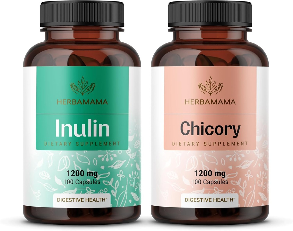 HERBAMAMA Inulin og Chicory Kit - Bundle på 1200 mg Inulin Fiber & 1200 mg Chicory Root Capsules - Vegansk, ikke-GMO, Gelatinl-Free - 2 Pack