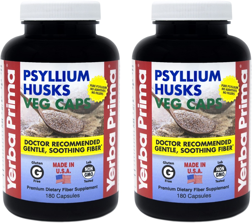 Yerba Prima Psyllium Huss Veg Caps - 180 Count (2 Pack) (625mg) - Vegansk, ikke-GMO, Glutenfri, Colon Cleanser, Daglig fiber Supplement for Gut helse og regelmessighet