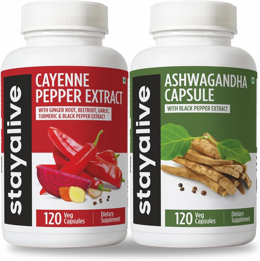 STAY ELIVE Cayenne og Ashwagandha Bundle m/Black Pepper Extract Capsules, 240 Vegan piller, ikke-GMO & Glutenfri Ashwagandha Cayenne Pepper Supplement