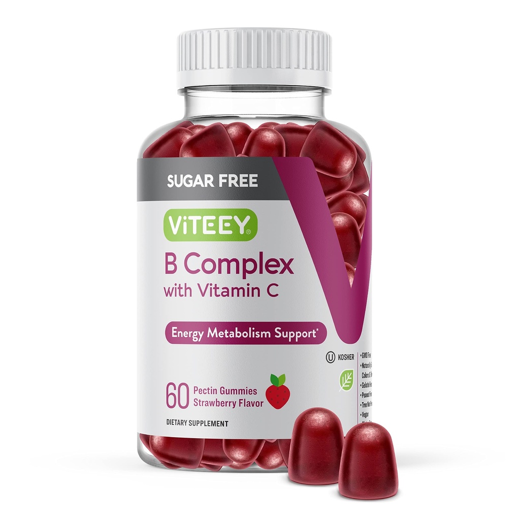 VITEEY Vitamin B Complex Gummies med vitamin C, sukker gratis - Energi, metabolisme og Nerve Helse - B6, B12, Folinsyre, Biotin - Vegan, Gelatin Gratis, GMO Gratis - Tastig Chewable Jordbær Flavored Gummy