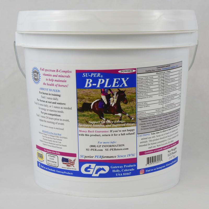 SU-PER B-Plex Powder Equine vitaminer - komplette B-Complex Horse Vitaminer og Mineraler Supplement - Sunn Hoves, røde blodceller, hest beroligende pulver - 12,5 pund, 6 måneders forsyning (180 dager)