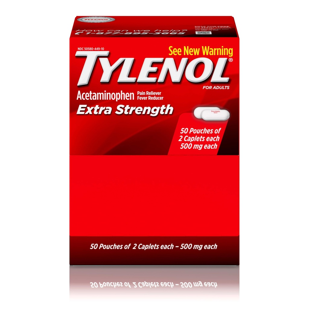 Tylenol Extra styrke Acetaminophen Caplets, 500 mg, smertelindring og feber Reduserer for hodepine, ryggsmerter, tannsmerter, Menstruell Cramps & Smerte, Reisevennlig emballasje, 2-kaptelpouches, 50 greve
