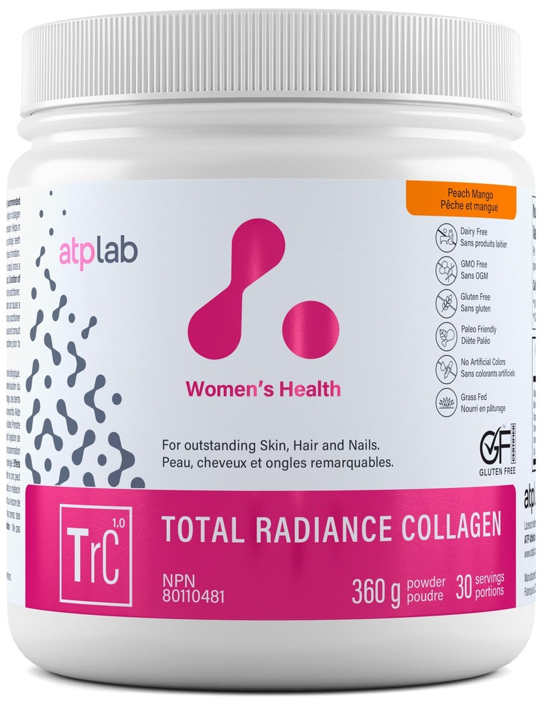 ATP Lab Total Radiance Collage - Peach Mango Flavor, 360g - Collage Peptides pulver for kvinner - Hydrolysert Collage Protein Supplement med Biotin