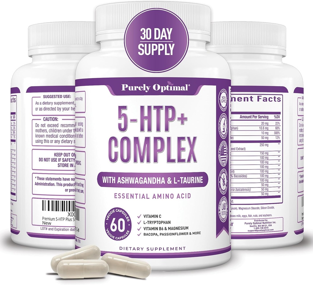 Premium 5-HTP Plus Supplement 250mg Maks styrke - søvnhjelp, Mood Boost, fremmer ro og avslapning, Stress Management Support - Forbedret med vitamin B6, Glutenfri, Ikke-GMO, 60 Veggie Caps