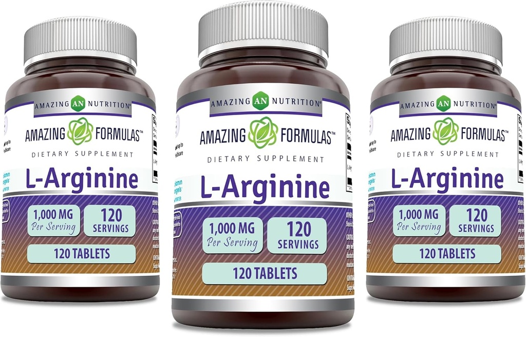 Amazing Formler L-Arginin Supplement | 1000 Mg Per Serving | Tabletter | Aminosyre Supplement for kvinner og menn | Ikke-GMO | Glutenfri | laget i USA (120 greve | 3 pakke)