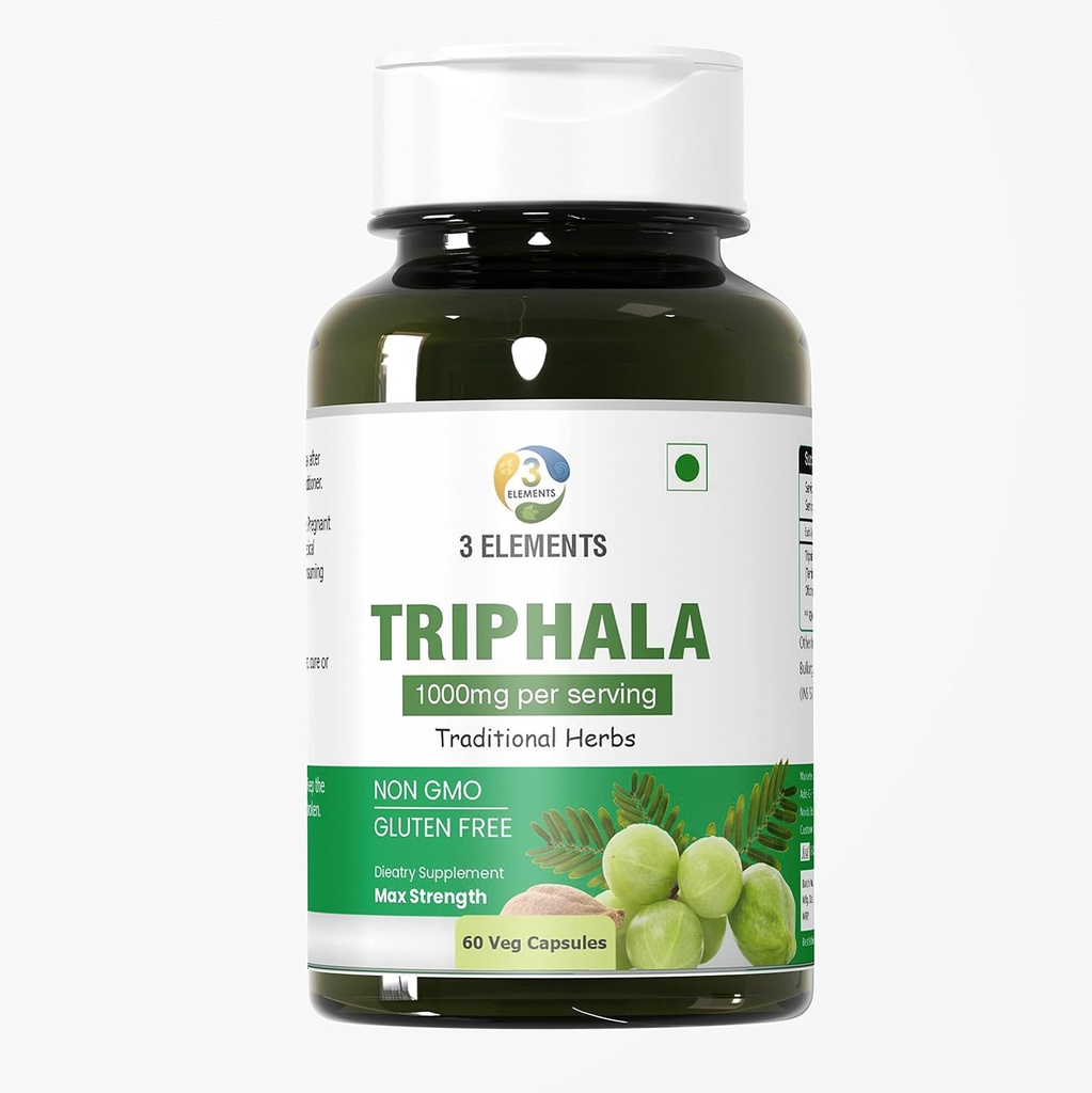 3Elements Triphala 1000mg I 60 kapsler for daglig avgiftsgivende, rengjøring, og gjenvinning, Digestion & Colon støtte, Immunsystem støtte, Adaptogen, Nutrient Dense, Vegan, Glutenfri