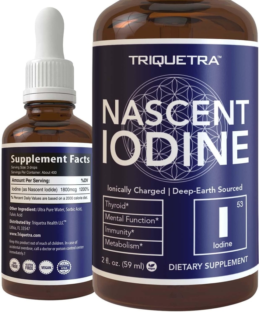 Nascent Iodine Supplement 400 Serveringer, Glassflaske, Vegan, 1800 mg - 600 mg per dråpe - ren, klar farge - støtter Thyroid helse, energi, immunitet og metabolisme (2 oz.)