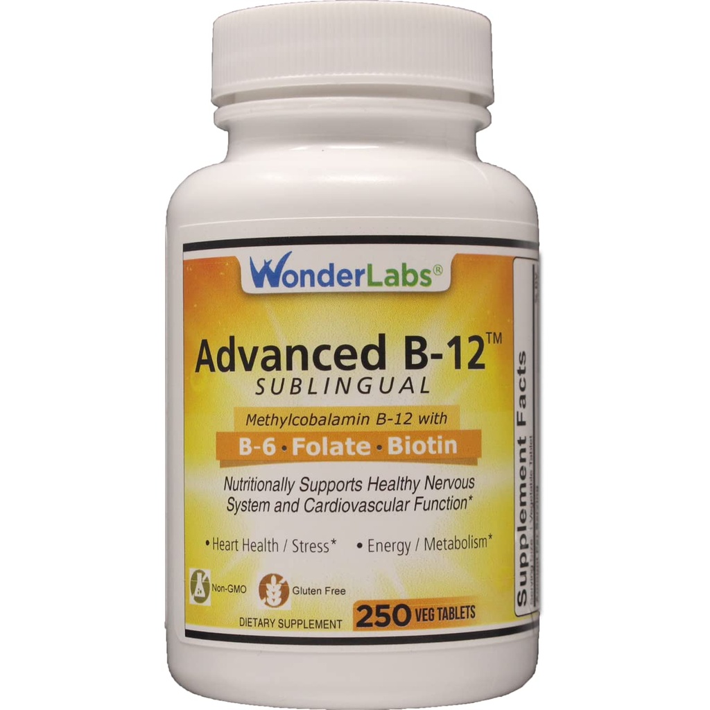 Wonder Laboratories Sublingual Vitamin B12 (1000 mg), B6 (5 mg), Folinsyre (400 mg) & Biotin (25mcg) - Formulert med Metylcobalamin vitamin B-12 (250 tabletter)
