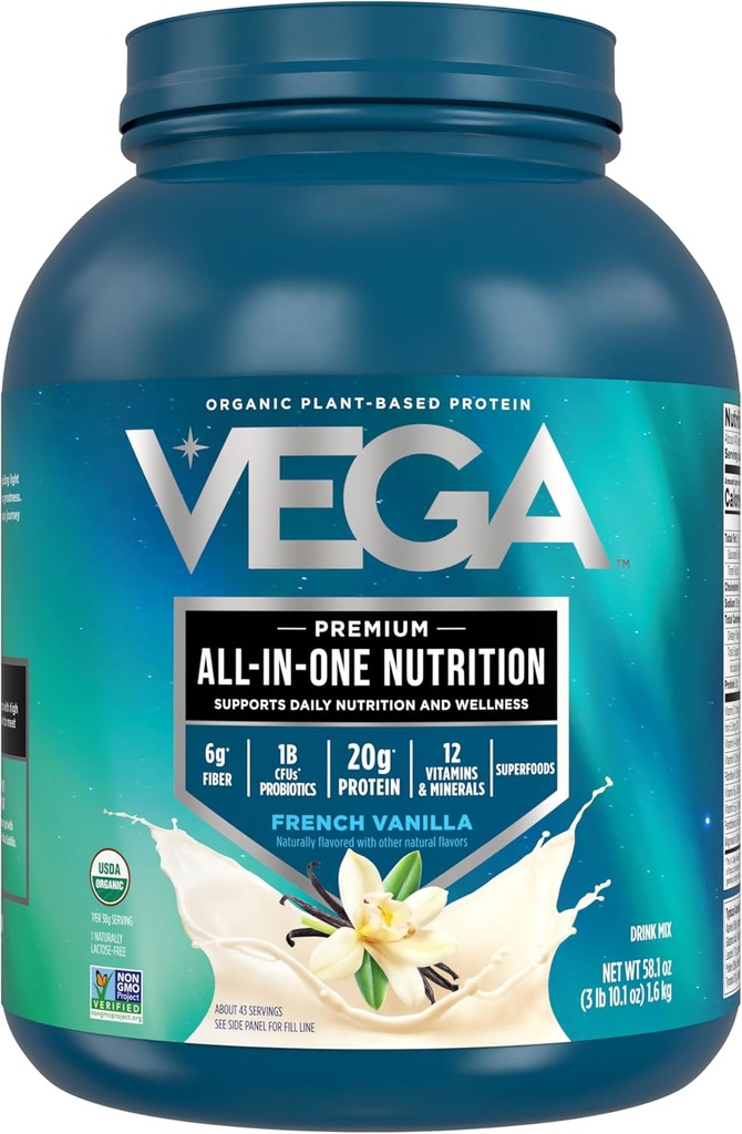 Vega Organic Alt-i-One Vegansk Protein pulver Fransk Vanilla (43 Serveringer) Superfood ingredienser, vitaminer for immunisme støtte, keto vennlig, Pea Protein for kvinner og menn, 3.10lbs(Pack of 6)