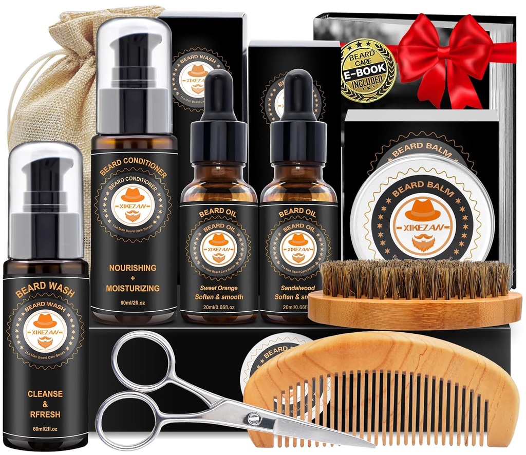 XIKEZAN Beard Kit for menn Grooming & Care w/Beard Conditioner, Vaske, Olje, Balm, børste, Comb,Fødselsdag Fars Valentiner Gaver for menn Han Far ektemannen kjæresten jul gaver menn strømper Stuffers