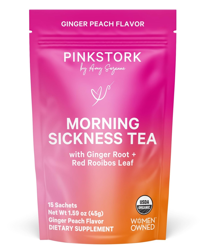 Pink Stork Organic Morning Sykedom Graviditet Te - Hot eller Iced Te - Prenatal Heartburn, Indiesjon, og Pensum Support - 1. trimester Graviditet må ha - Ginger Peach, 15 Sachets