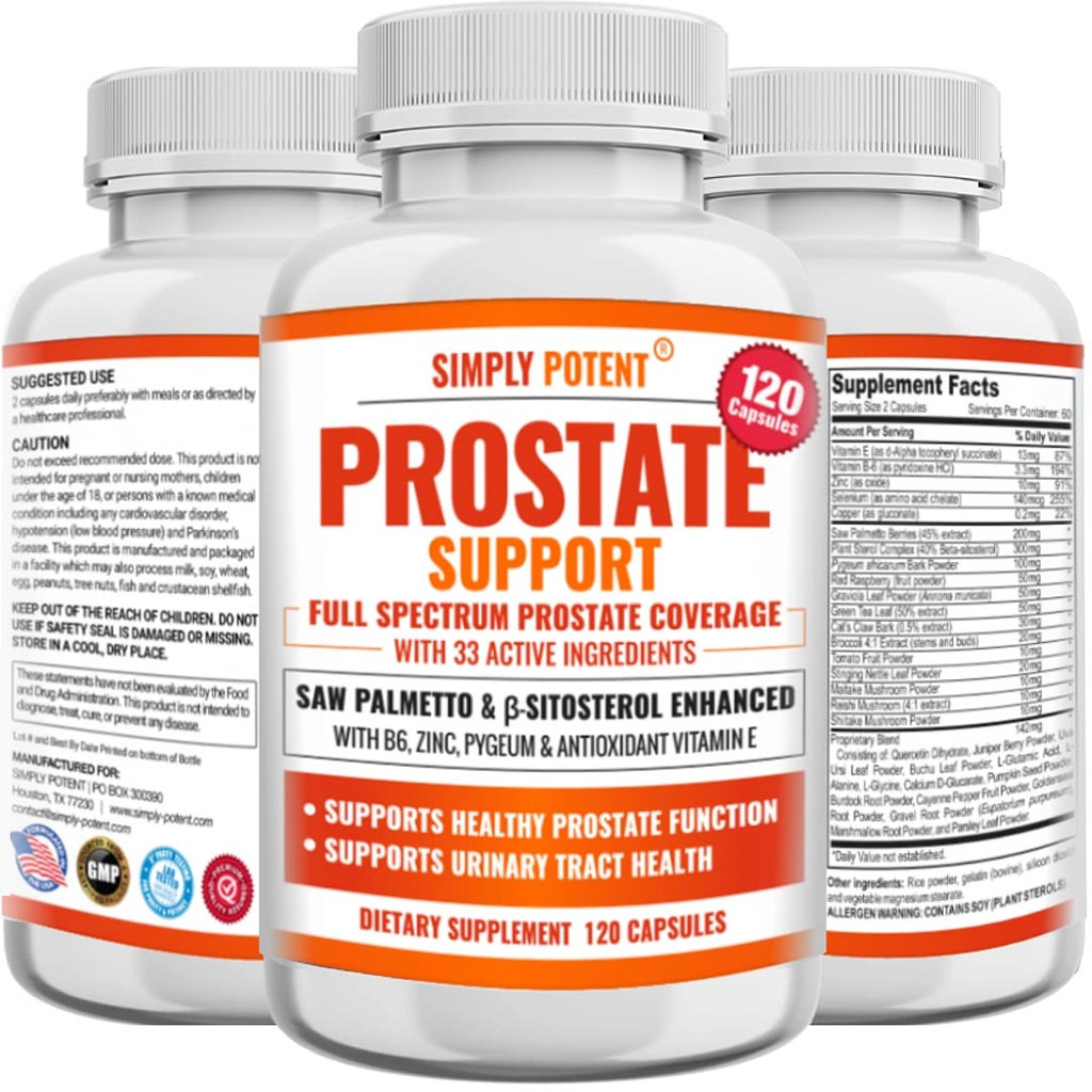 Prostata kosttilskudd for menn (120 kapsler), så Palmetto prostata helsestøtte - 33 vitaminer og urter - Beta Sitosterol Plus B6, selen & sink for sunn urinasjon frekvens og flyt & korrekt søvn