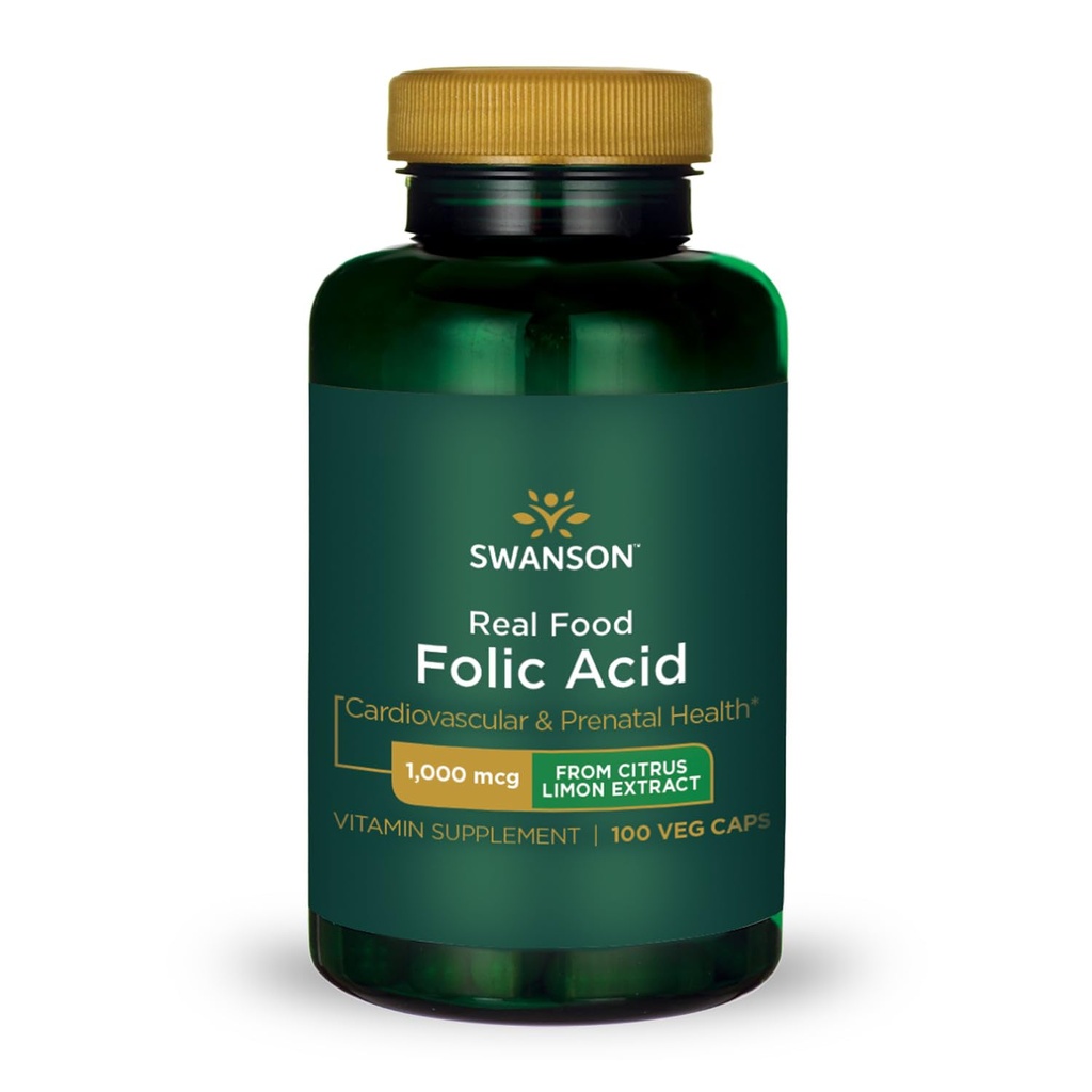 Swanson Real Food Folat Vitamin B-9 Cardiovaskulær Prenatal Helse fra Citrus Limon Ekstrakt Vegansk Glutenfri Ikke-GMO B9 1000mg 100 Veggie Caps (Kaps)