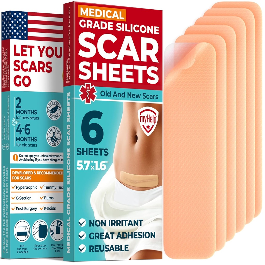 Medisinsk Grade Silikon Scar Sheets - 6pk (5.7 \"x1.6\") - synlig forskjell på kirurgiske og Keloid Merker - Reusable C-avsnitt Scar Silikon Strips - enkel å bruke striper