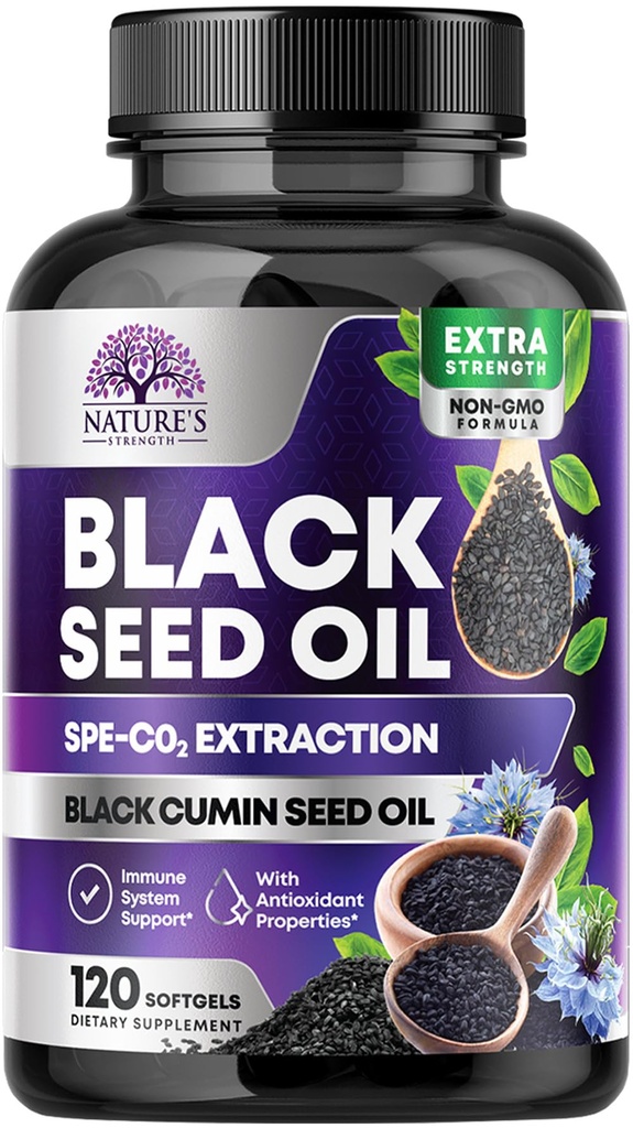 Svart Seed Oil Capsules 1000mg med thymoquinon - ren nikkella sativa for hud helse og immun støtte, 100% svartfrøolje, Amazing ekstraksjon over kaldt presset svart cumin frø - 120 Softgels