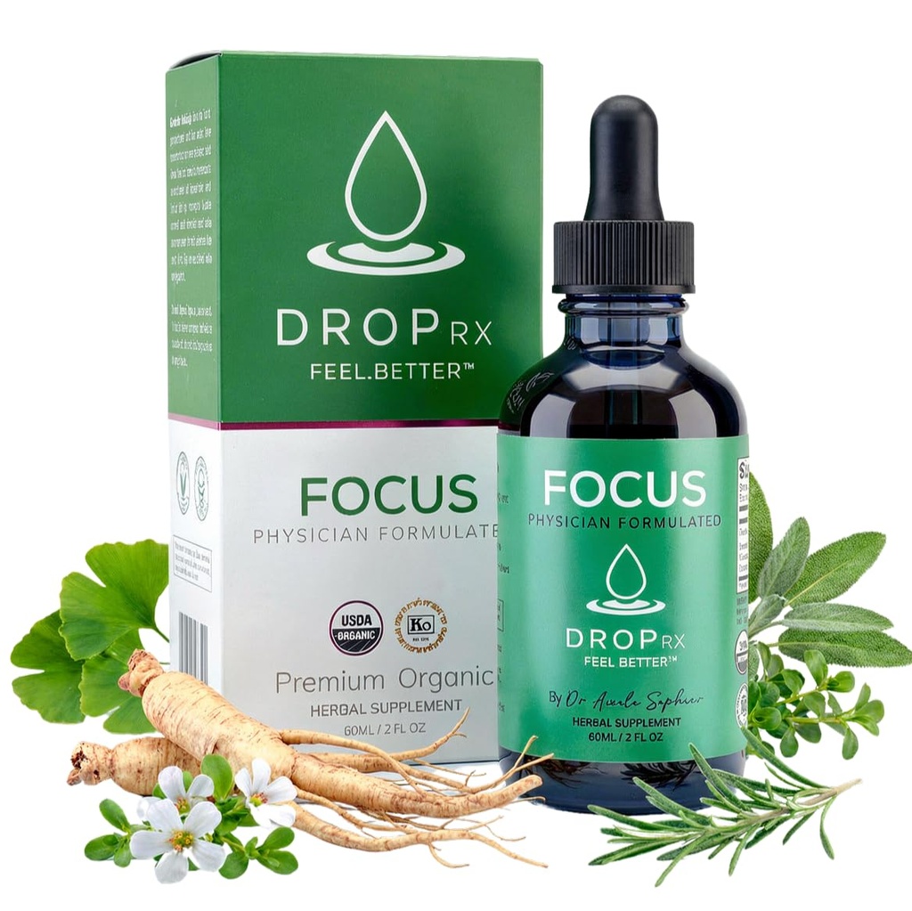 DropRx Focus av Dr. Nicole Saphier - Ginkgo Biloba & Ginseng, Bacopa, Rosemary & Sage for hukommelsesforbedring og hjernefokus - Økologisk, ikke-GMO, Vegansk, Glutenfri, Kosher, laget i USA (2 Fl Oz)