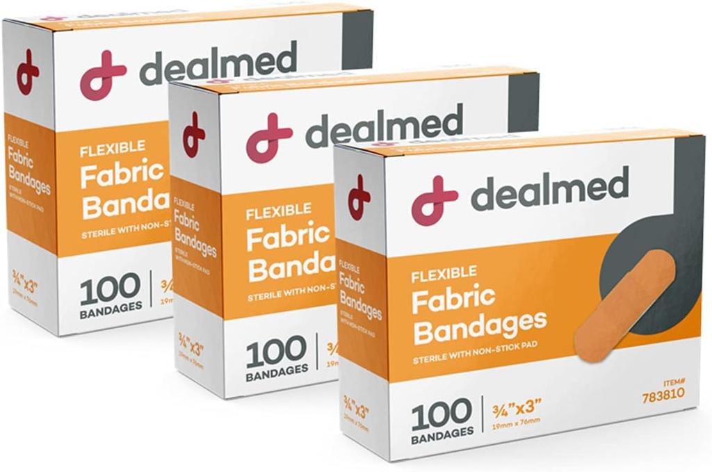Dealmed Fabric fleksible klesbånd - 100 greve (3 pakke) Bandages med ikke-stick pad, latex gratis, sårbehandling for førstehjelpssett, 3" x 3/4"