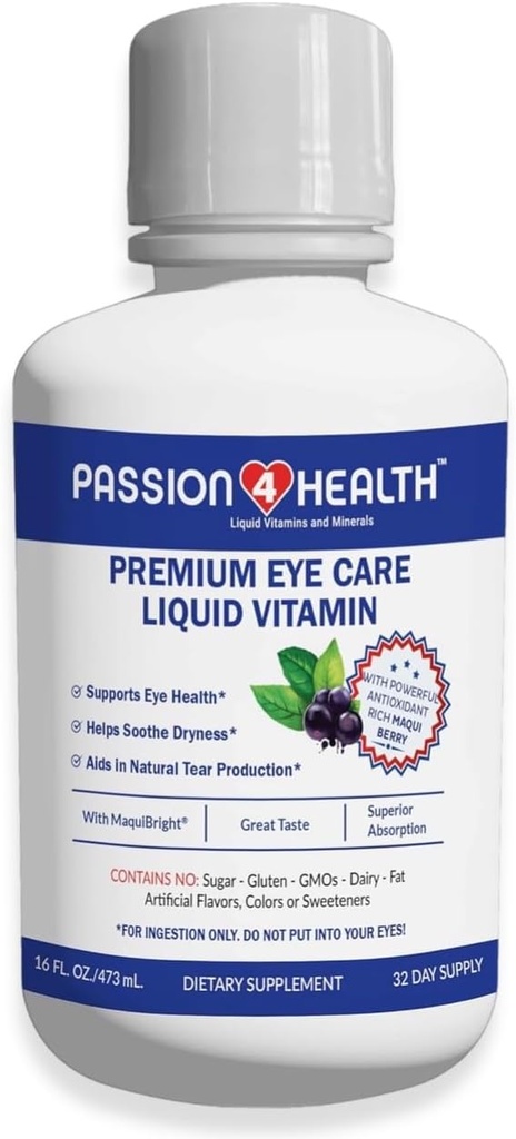 Passion 4 Helse flytende øyevitaminer - Naturlig visjon og voksen øyepleie Supplement - Premium støtte med Maqui Berry Extract, Glutenfri, Ikke-GMO, Ingen sukker - 30-dagers forsyning, laget i USA
