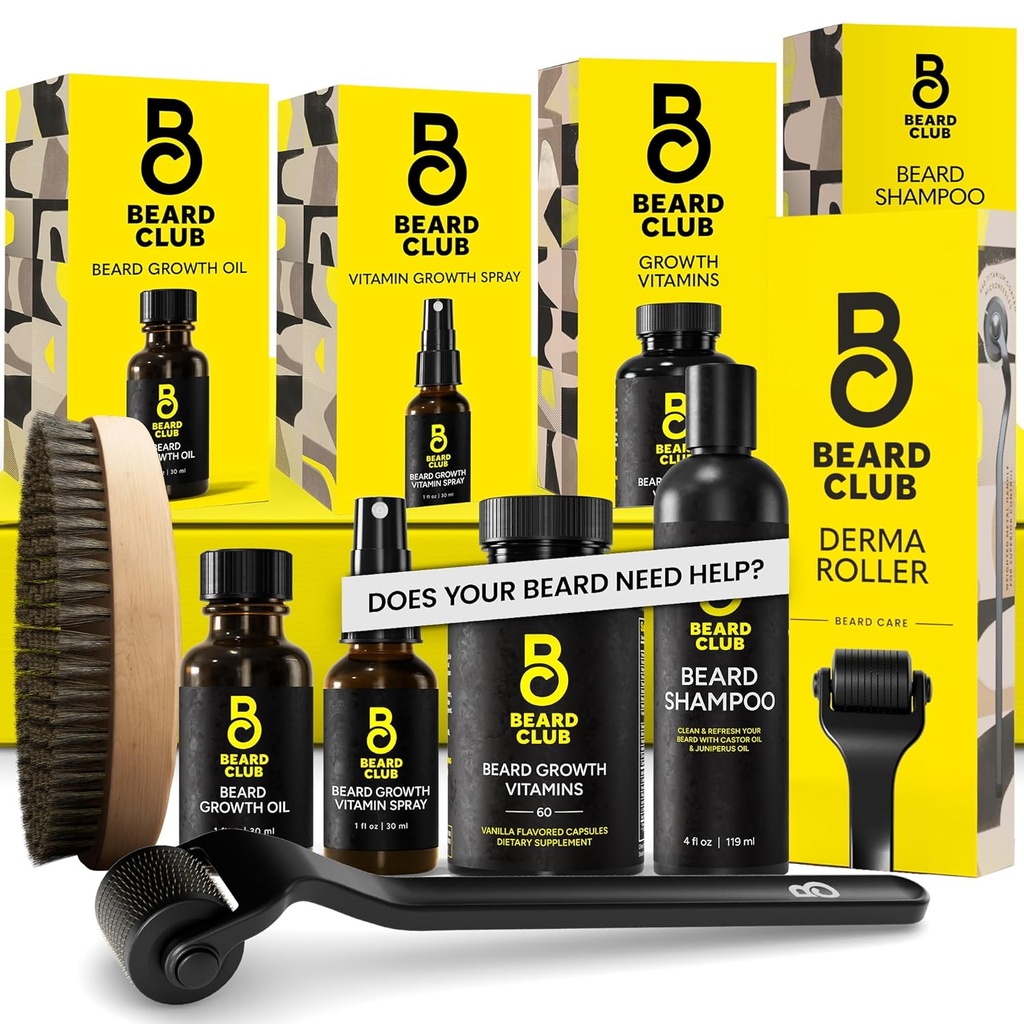 The Beard Club Advanced Beard Growth Kit - Derma Roller, Growth Oil, Vitaminer og Vitamin Spray, Shampoo og Boar Brush - Gavesett - Cedar