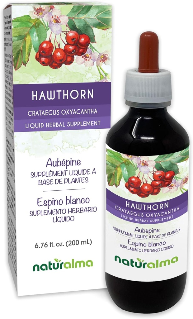 Naturalma Hawthorn (Crataegus oxyacantha) Leaf og blomst alkoholfri tinktur - 6,76 fl oz flytende ekstrakt i dråper - Herbal Supplement - Vegan