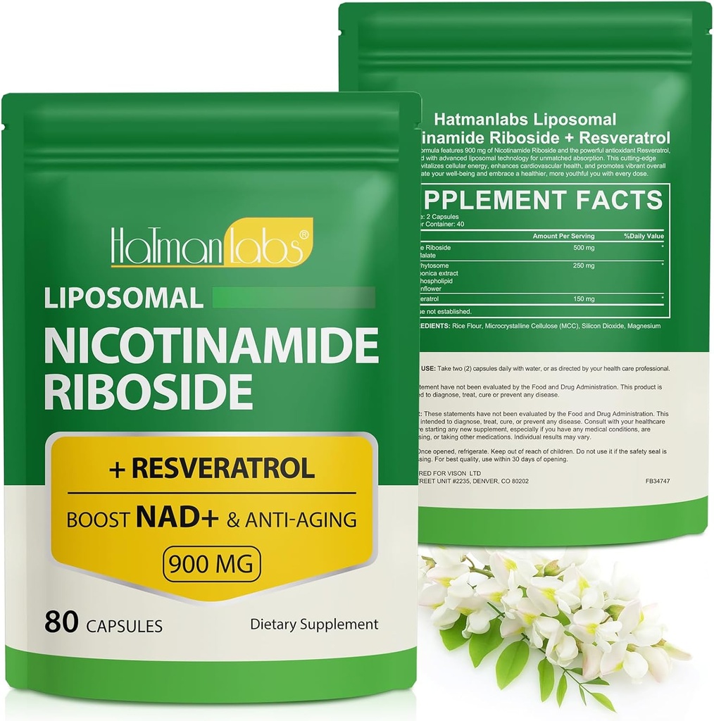 NAD+ Supplement med Nikotinamid Riboside-Liposomal Nikotinamid Riboside 900Mg, høy renhet Resveratrol NAD Supplement for anti-aldring,Energy,Focus-80 kapsler
