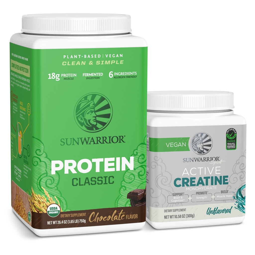 Sunwarrior Brown Rice Protein Powder Plant-basert ® Sjokolade 30 serveringer og kreatin Monohydrat pulver ® Micronisert Unflavored, 60 serveringer