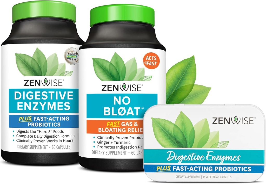 Zenwise Helse Bliss Bundle Digestive Enzymes + No Bloat + Gratis Reise Tin - før og etter måltid Digestive Rutine med enzymer og probiotika for Digestion