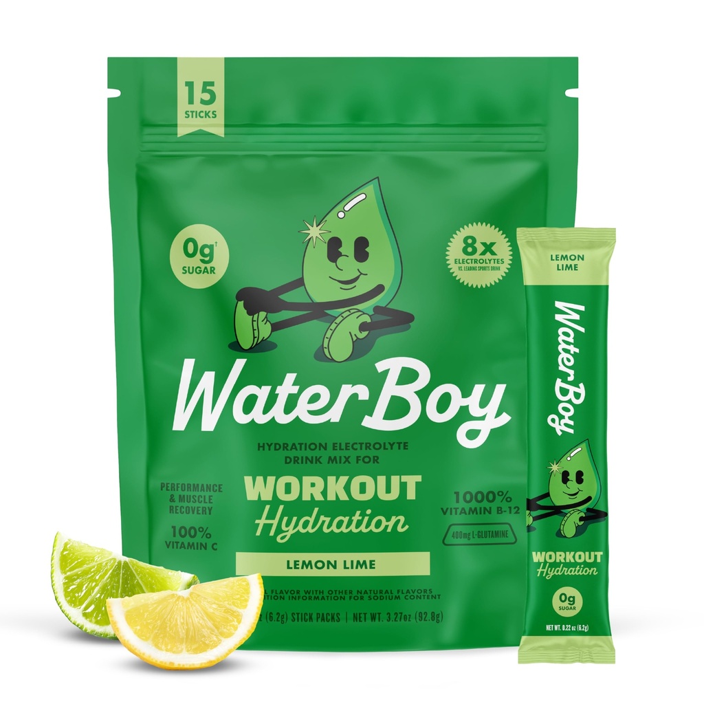 Waterboy Workout Hydration | 2.960mg Sukkerfri Elektrolytt pulver pakker | L-Glutamin + Vitaminer | Ingen sukker, Alt naturlig, Glutenfri | 15 Drikke Stick Blander (Lemon Lime)