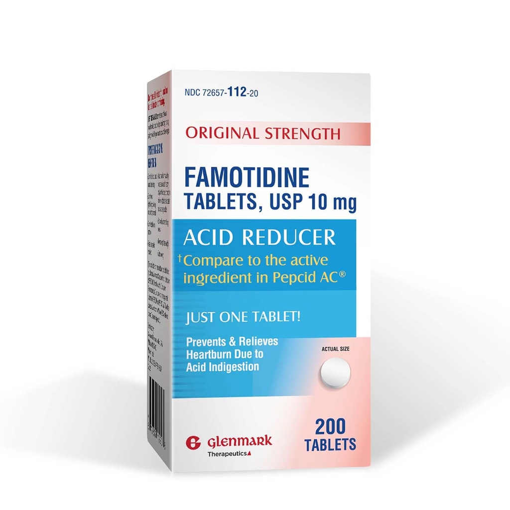 Glenmark Therapeutics Opprinnelig styrke Famotidin Tabletter, 10 mg, Acid Reducer for Heartburn Relief, 200 greve