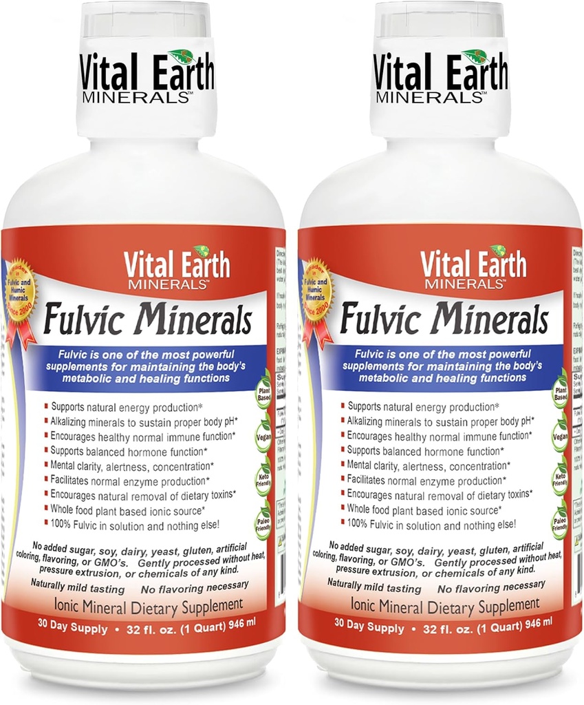 Vital jordmineraler Fulvic Minerals Liquid - Fulvic Acid Supplement med 70+ Spor Mineraler, Elektrolyser for energi og vitalitet, 32 Oz Ea + 1 Oz Cup