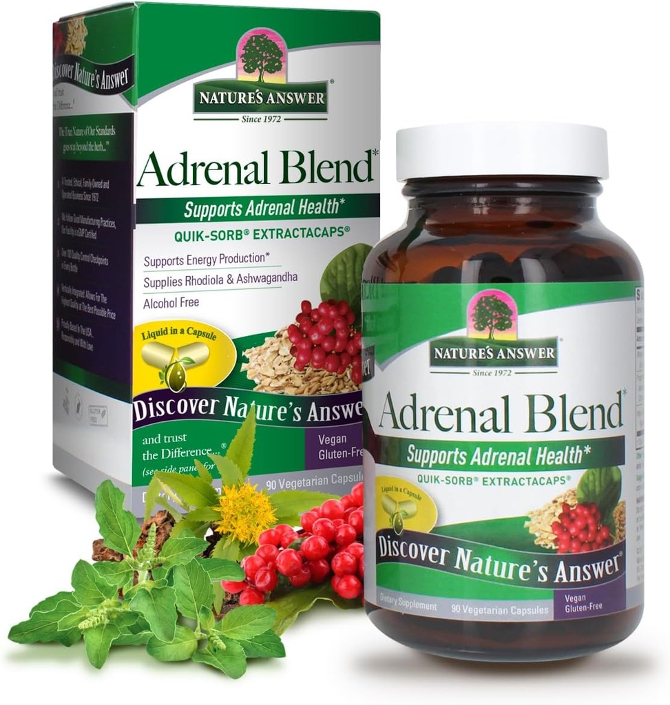 Naturens svar Ekstrakapsler Adrenal blanding stress borte vegetarianere 90 kapsler vegetarianere herbal kombinasjon kosttilskudd ingen skade