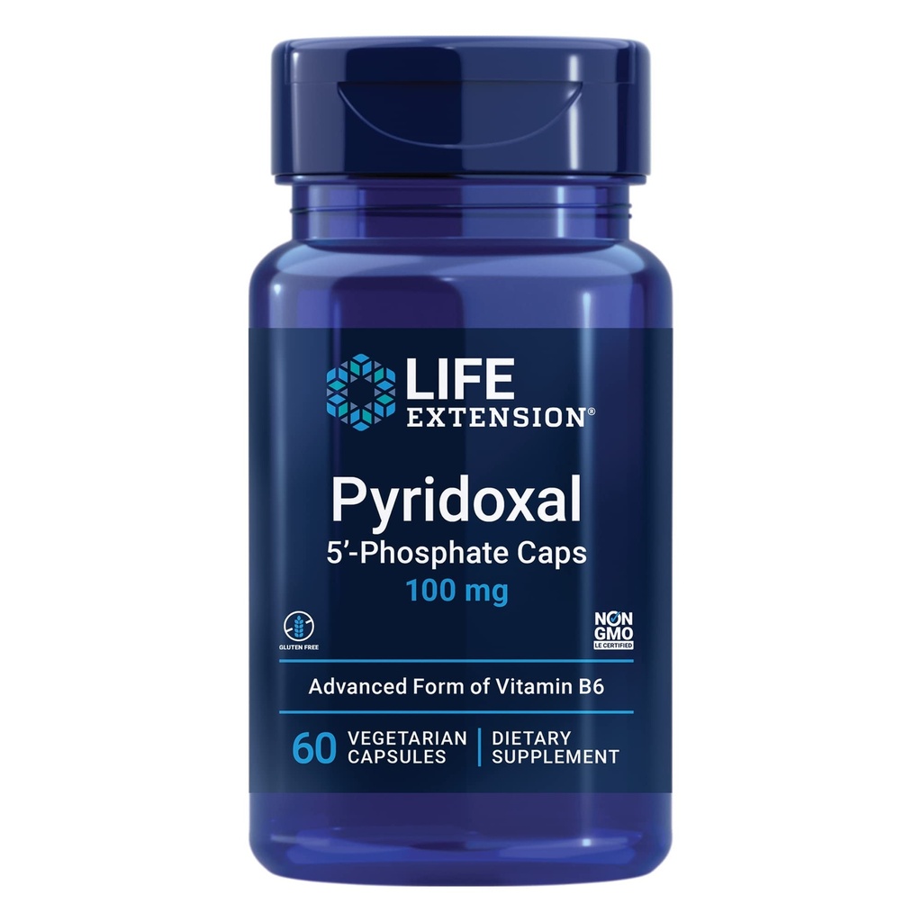 Life Extension Pyridoxal 5'-Phosphate Caps—Vitamin B6, 100 mg, Bioaktiv B6 for kardiovaskulær, nyre- og nervehelse— Glutenfri, ikke-GMO, vegetarisk-60 vegetariske kapsler