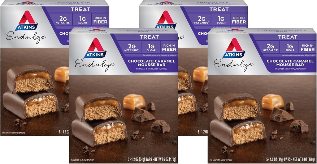 Atkins Endulge Sjokolade Caramel Mousse Bar, Dessert Favoritt, 1g Sukker, høy i Fiber, 5 greve (Pack of 4)